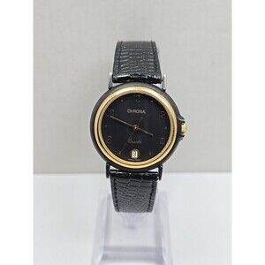 Vintage Womens Chrona Swiss Date 33mm Dress Watch New Battery Black Dial Leather